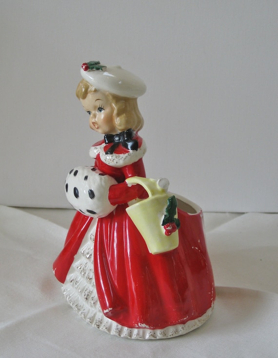 Vintage Napco Christmas Girl Caroler Planter Vase Red Coat