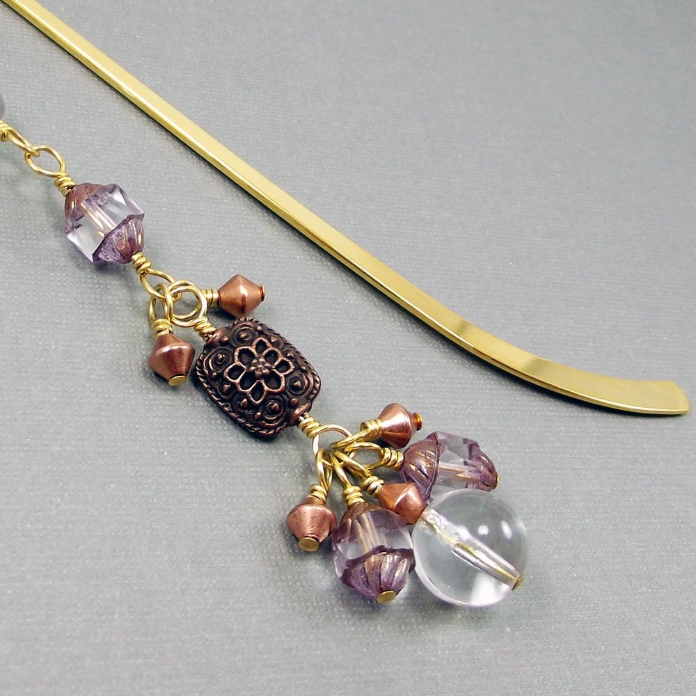 Beaded Metal Hook Bookmark Copper & Mauve Cathedral Beads w/