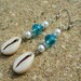 Yemaya Inspired Blue Crystal and White Glass Pearl Dangle Earrings with Cowrie Shells