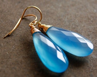 Simple Blue Chalcedony Gemstone Earrings - Wire Wrapped Earrings - 14KT Gold Fill