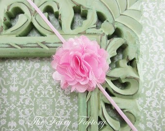 Baby Headband, Pink Flower Headband, Mini Pink Satin and Tulle Flower Puff Headband or Hair Clip - Baby Toddler Child Girls Headband