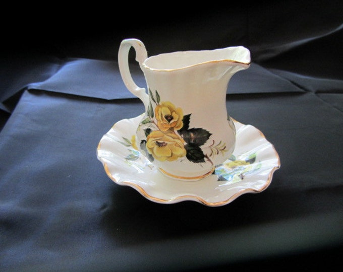 Royal Dover Bone China Small Pitcher/Creamer and Saucer Featuring Yellow Roses, Gift Bone China Yellow Rose Set, Yellow Rose of Texas