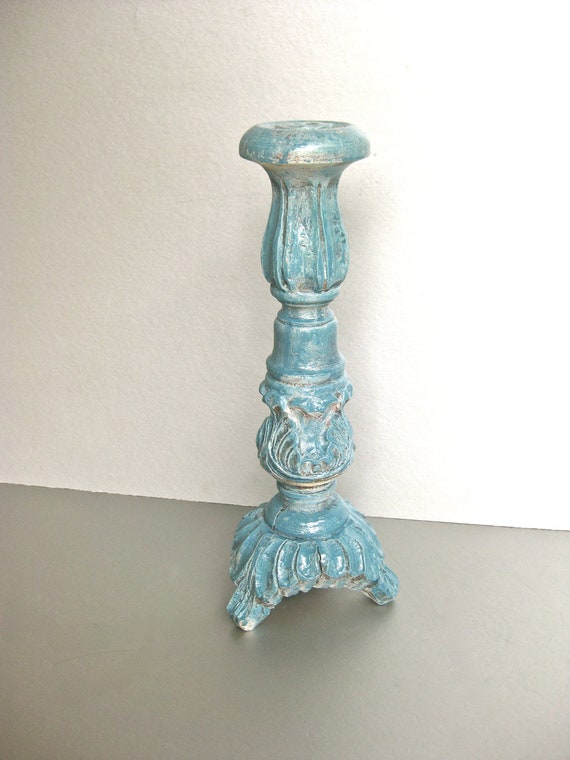 Rustic Aqua Candle Holder Candle Pillar Shabby and Chic