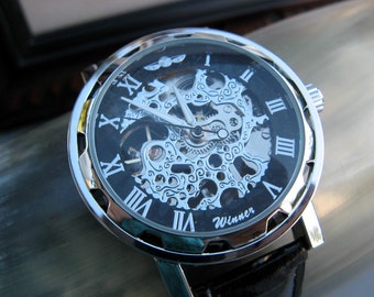 Classy Steampunk Mechanical Wrist Watch with Black Leather Wristband - Men - Groom - Groomsmen - Watch - Item MWA69