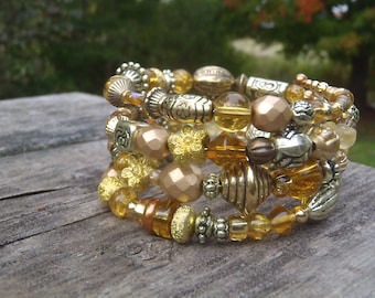 Beaded Memory Cuff Bracelet with Gold, Brass, Bronze, and Amber Beads