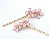 Upcycled Vintage Pink Enamel Flower and Clear Bling Rhinstone Earring Hair Pins