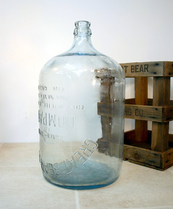 Vintage Carboy in Crate / Embossed Aqua 5 Gallon Bottle