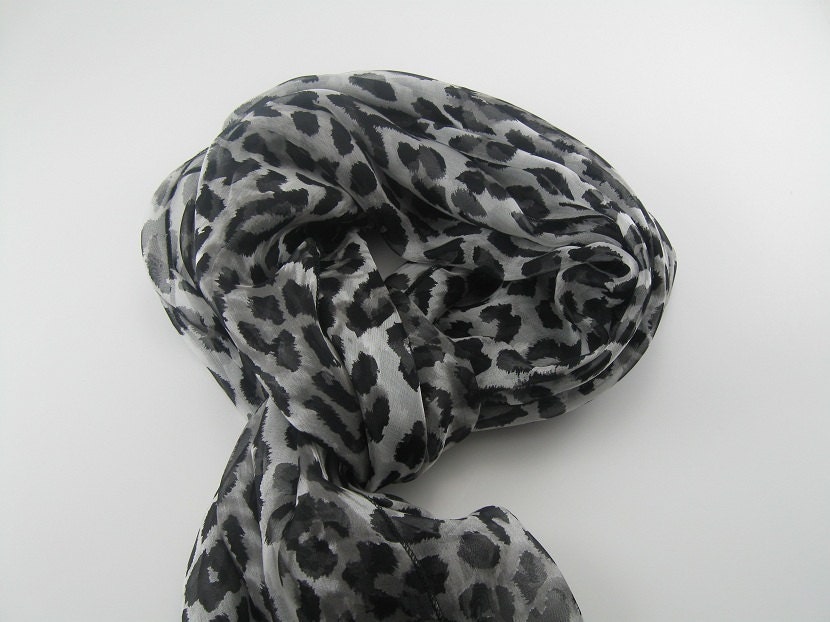 Silk Chiffon Scarf Black and Grey Leopard Print