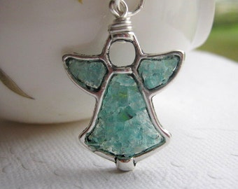 Aquamarine Stained Glass Angel Necklace, Stained Glass Angel, Mosaic Angel Necklace