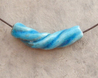 Raku Ceramic Bead - Turquoise Curved Twisted Tube Bead