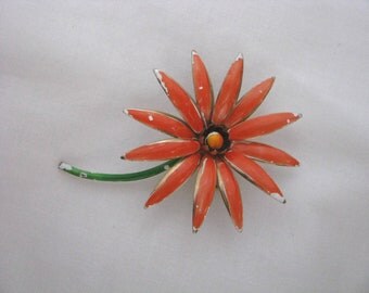 Retro Orange enamel flower pin brooch with green stem Vintage flower pin Vintage flower brooch