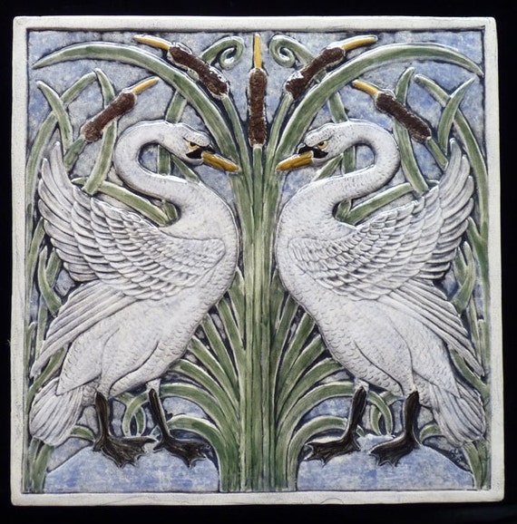 Decorative ceramic relief carved swan tile