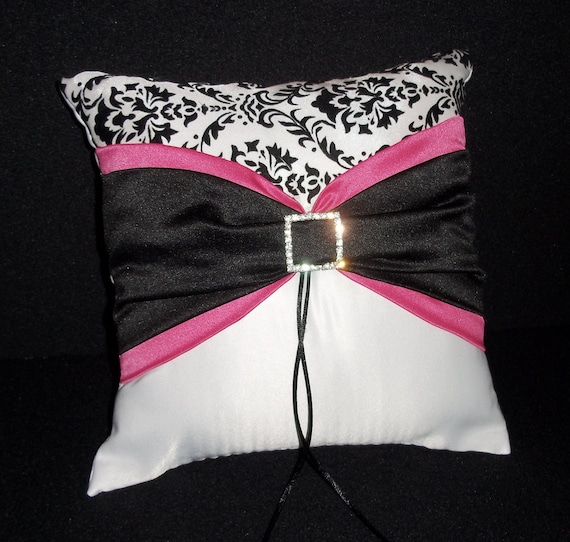 Hot Pink & Black and White Damask Rhinestone Accent  Wedding Ring Bearer Pillow