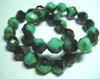 15 9mm Turquoise and Amethyst Picasso Firepolished Thru Cuts Czech Glass Beads