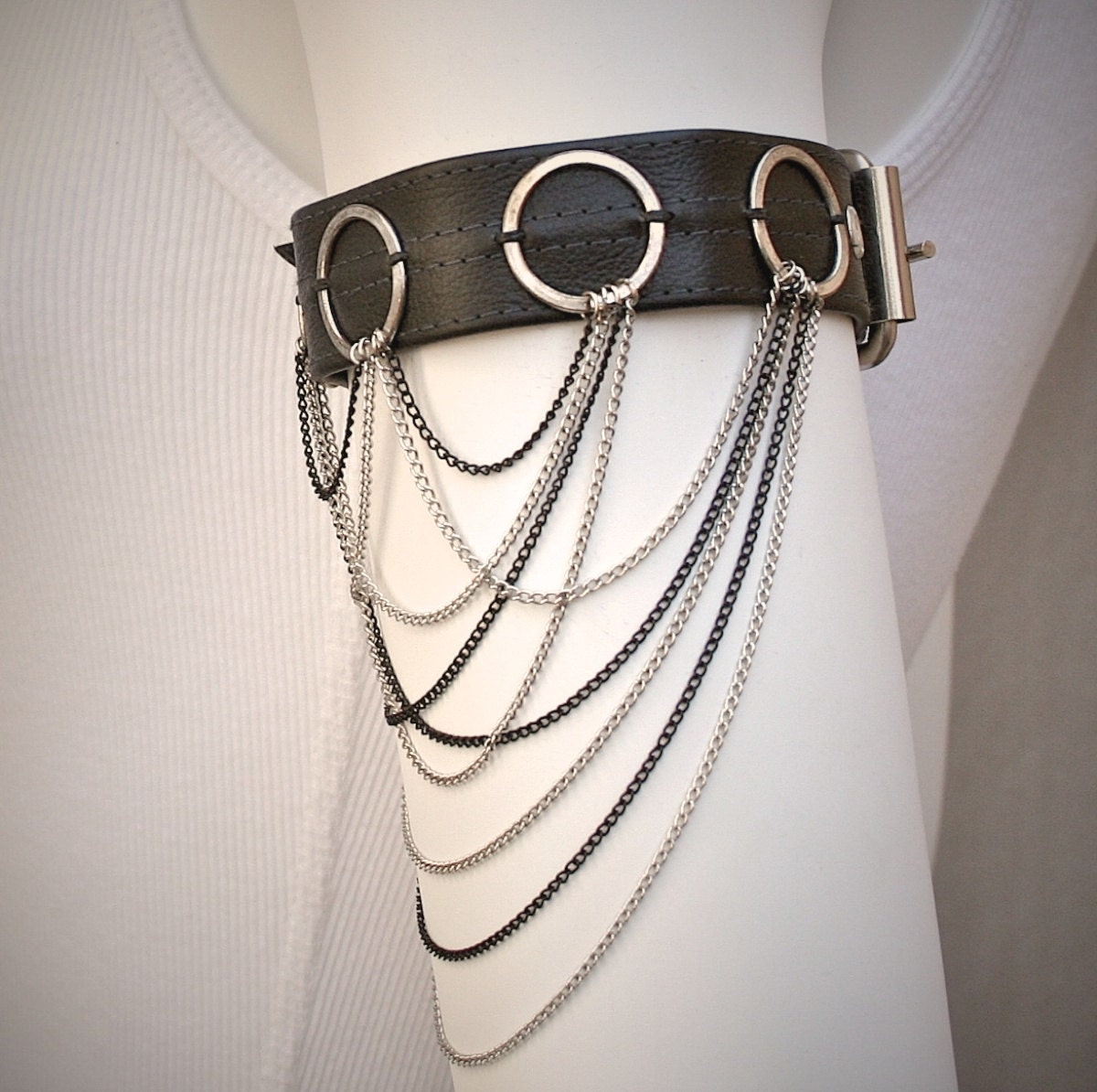 Black Leather Upper Arm Cuff Belt Bracelet w/ Fringe Chains