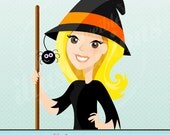 Halloween Witch Character Illustration, Cartoon Illustration, Woman in Witch Costume, Halloween Character Il_170x135