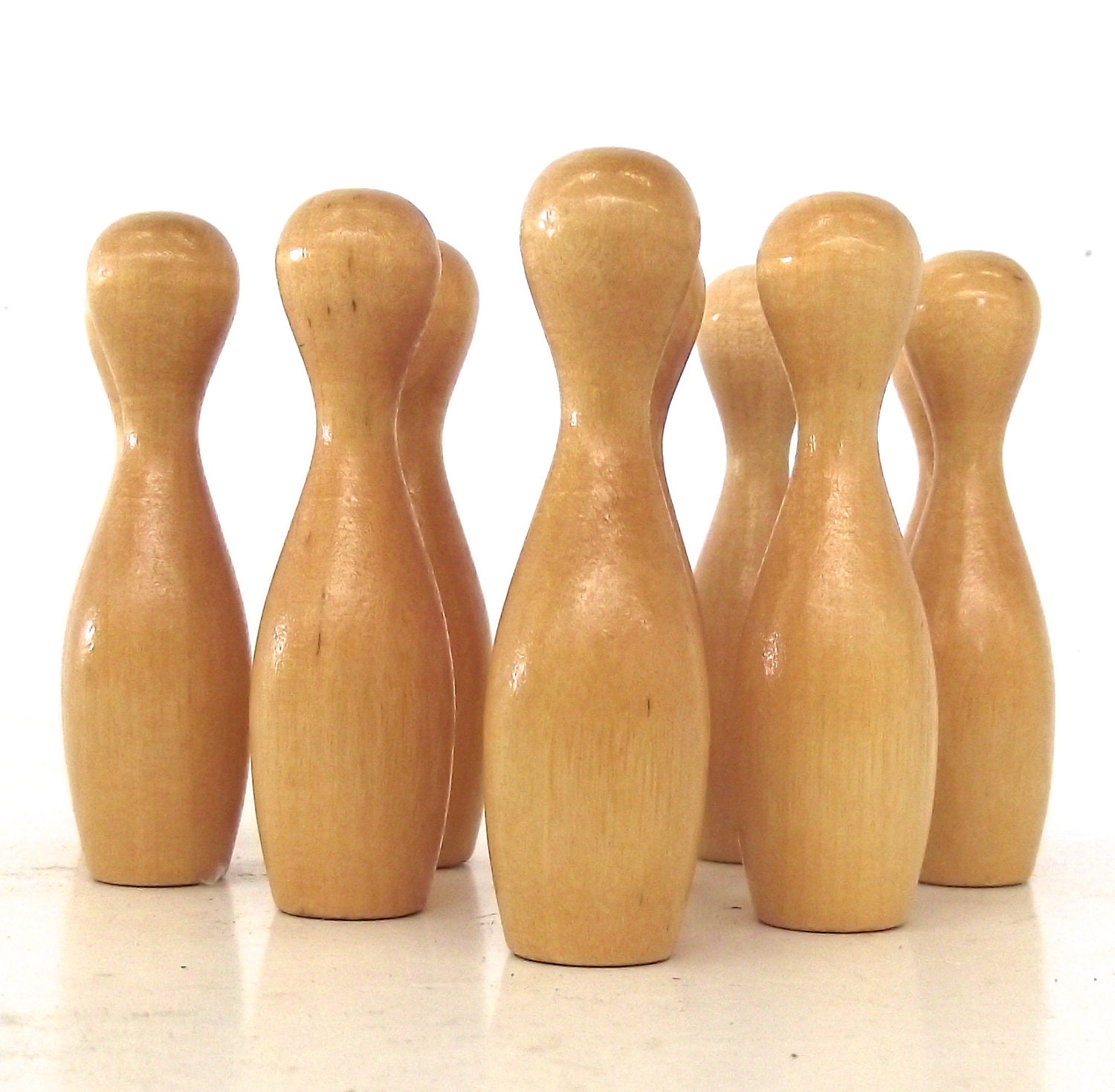 Set of 10 Miniature Natural Wood Vintage Toy Bowling Pins