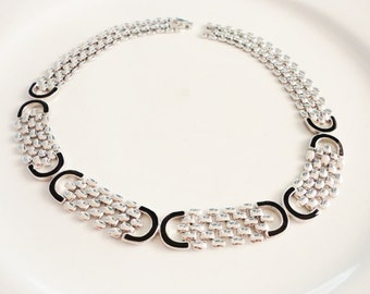 silver collar necklace semi rigid flat with black enamel retro classic jewelry