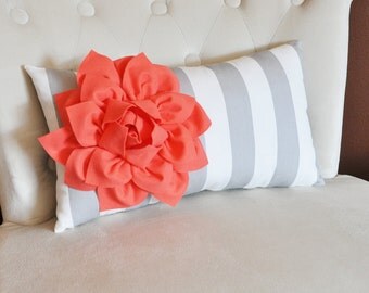 Pillows - Decorative Pillow - Stripe Lumbar Pillow Coral Dahlia on Gray and White Striped Lumbar Pillow 9 x 16