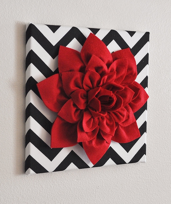  Red  Wall  Flower Red  Dahlia on Black  and White Chevron by 