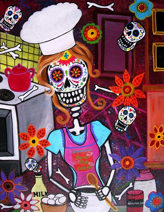 Mexican Day of the Dead Folk Art Kiss the Cook Sugar Painting