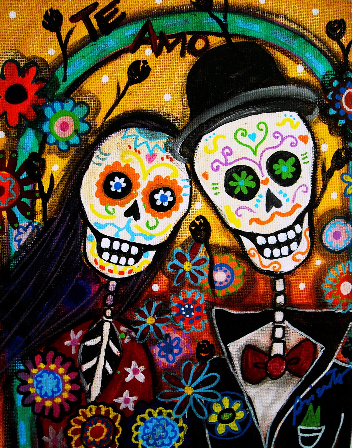 Mexican Folk Art Day of the Dead Wedding Painting by prisarts