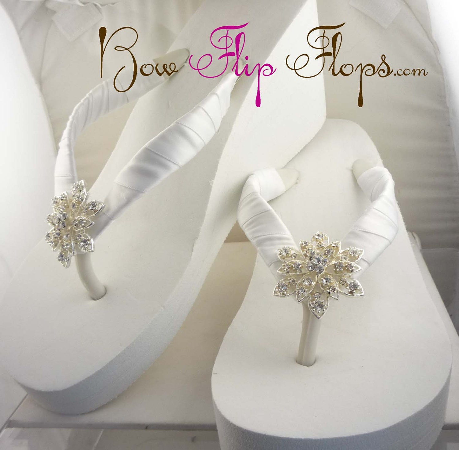 Bridal Ivory Flip Flops Wedge Rhinestone Flower by BridalFlipFlops