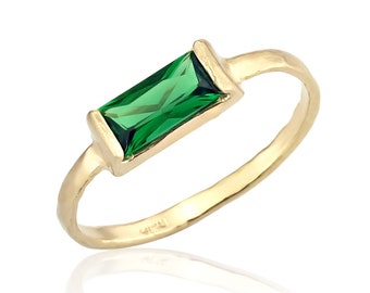 Emerald Ring, 14K Gold Band Emerald CZ Stone, Emerald Birthstone Ring, Emerald Jewelry, Emerald Cut Wedding Ring, May Birthstone, Emerald