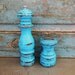 Turquoise Salt Shaker and Pepper Grinder Mill Distressed Wood