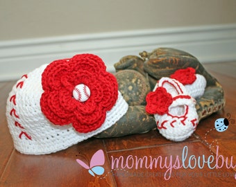 Girls Baseball Crochet Beanie and Booties Set - Newborn through 24 Month Sizes