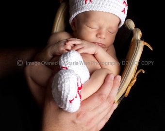 Baseball Crochet Beanie and Booties Set - Newborn through 24 Month Sizes