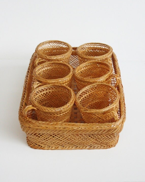 10 Dollar Sale Vintage Wicker Rattan Cup Holders and Basket