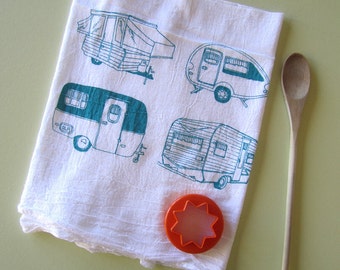 Tea Towel - Screen Printed Natural Cotton Flour Sack Towel - Handmade - Absorbent Kitchen Towel - Vintage Campers - Camping - Eco Friendly