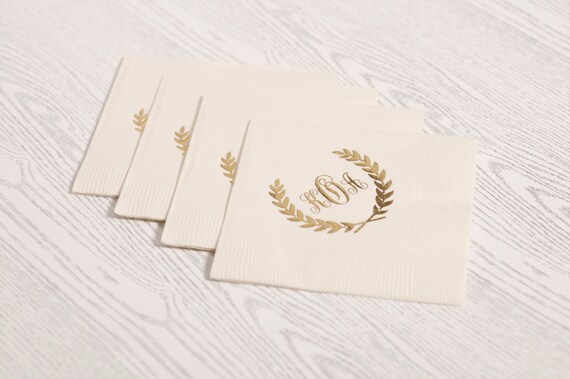 Laurel Wreath Monogram Custom Printed Cocktail Napkins - Set of 50 - for Weddings, Events, Parties and More by Flair Designery Il_570xn