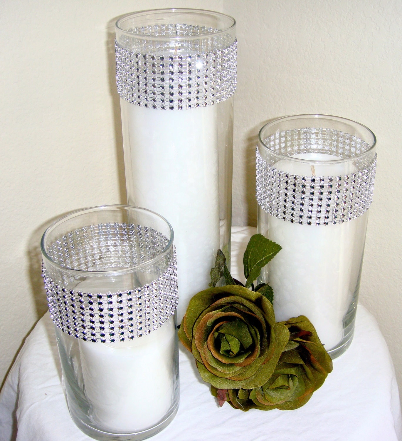 Set of 3 Silver Rhinestone Wrap Glass Cylinder Vases and