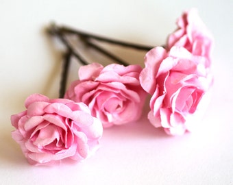 Pinkalicious Rose, Bohemian Wedding Hair Accessories, Bridal Pink Hair Flower, Brass Bobby Pins, Set of 4