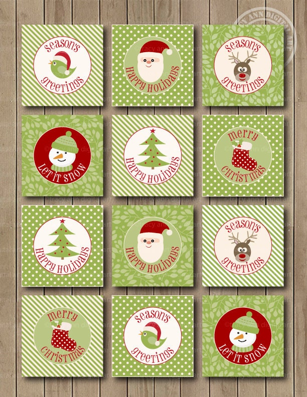 Christmas Gift Tags, Holiday Circles - 2 inch squares or circles.