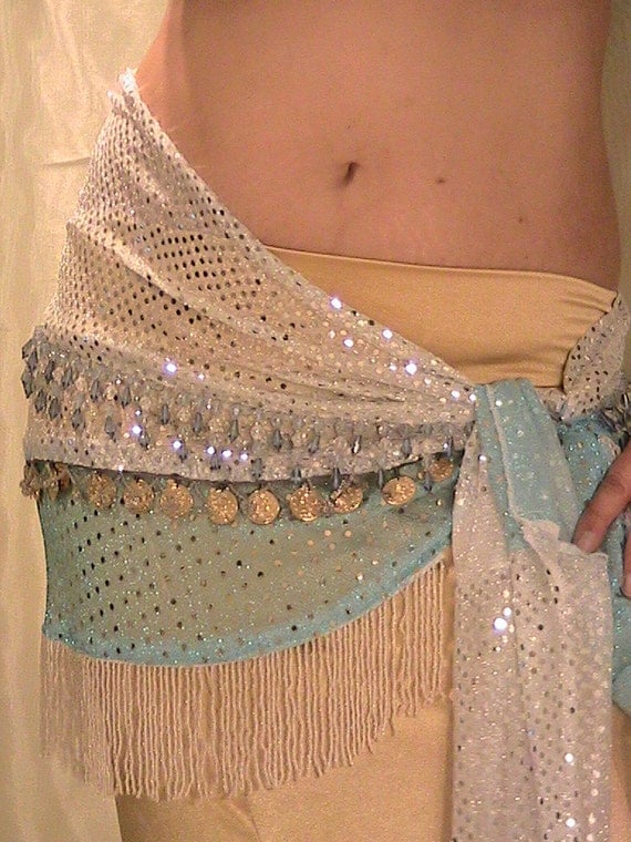 Belly dance Hip scarf shimmering blue and white with blue