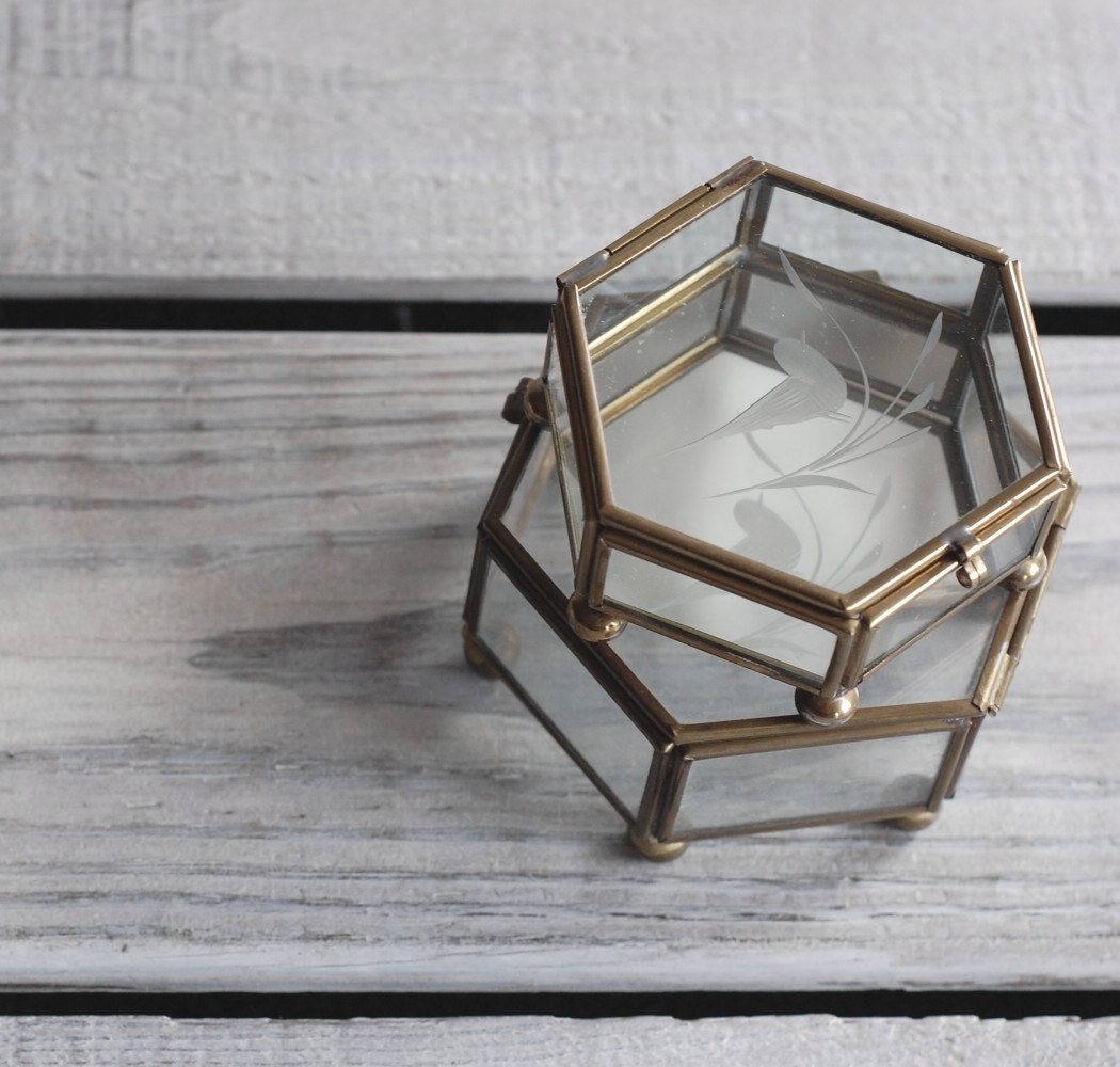 Vintage Glass Curio Display Boxes / Brass and Glass Hexagon