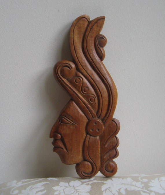 Vintage Carved Wood Indian Head Head Dress Wall Art