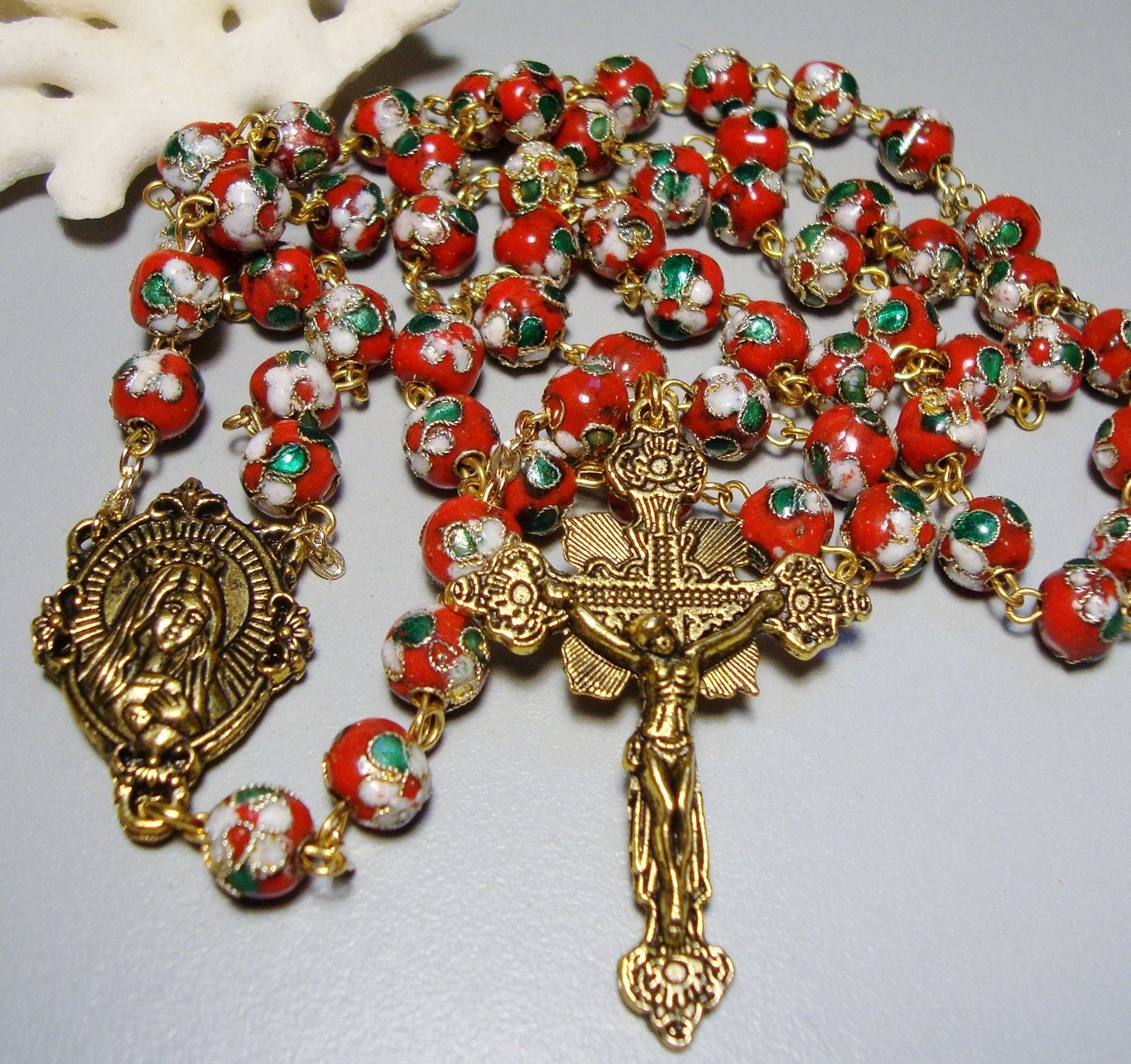 Cloisonne Rose Beads Catholic Rosary Necklace and Cross.
