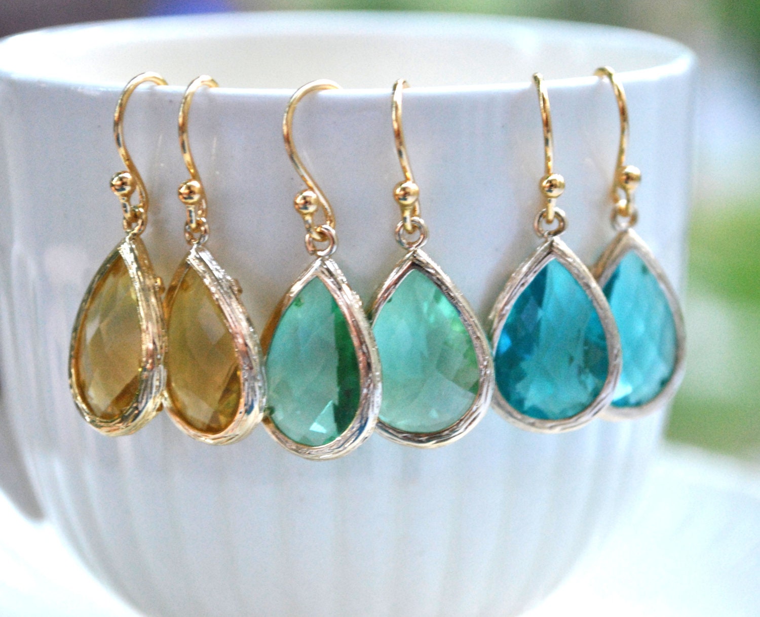 Blue Green Yellow Earrings Sea ocean blue Aqua gold by alejandracc