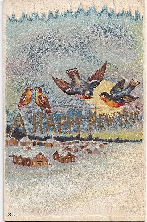 Antique Robins Birds Happy New Year  Greeting Card Blue