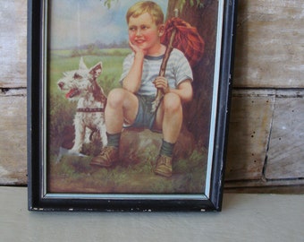 Vintage Terrier Dog an Little Boy Running Away Picture Adorable