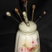 RS German Vintage Porcelain Hat Pin Holder Handpainted With Delicate Cabbage Roses