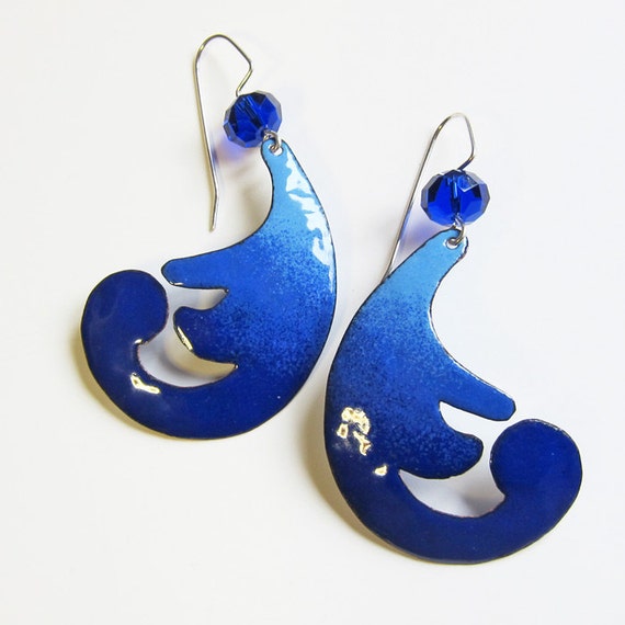 Big royal blue dangle earrings Unique enamel by OxArtJewelry
