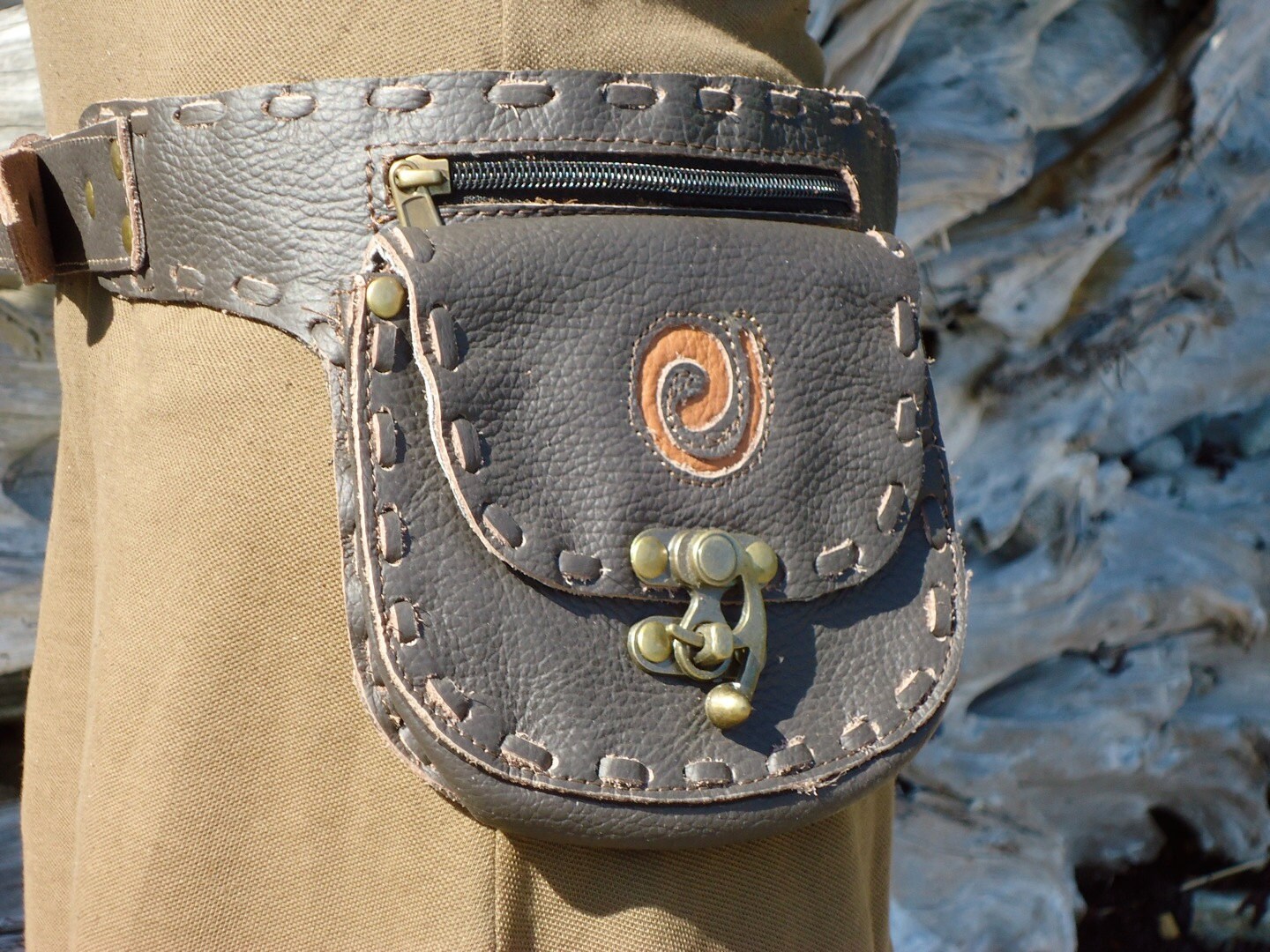 Leather utility belt bag hip bag with pockets in brown with