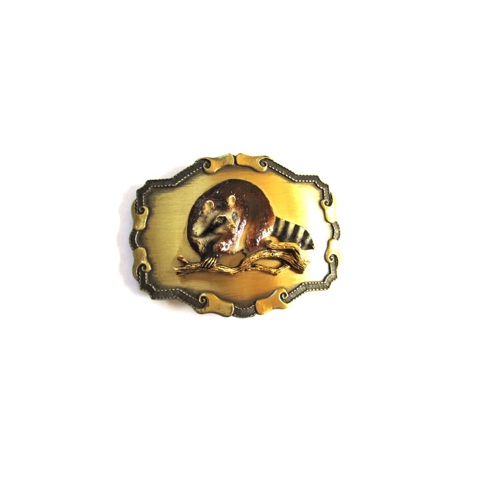 Vintage Enameled Raccoon Belt Buckle 1977 Haute Juice