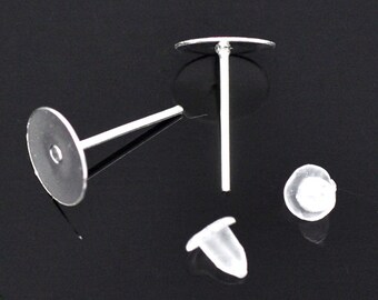 50 Pieces 25 Pair Silver Stud Earring Blanks FREE Rubber Backs 8mm Glue Pad 11mm X 1mm Nickel Free Lead Free