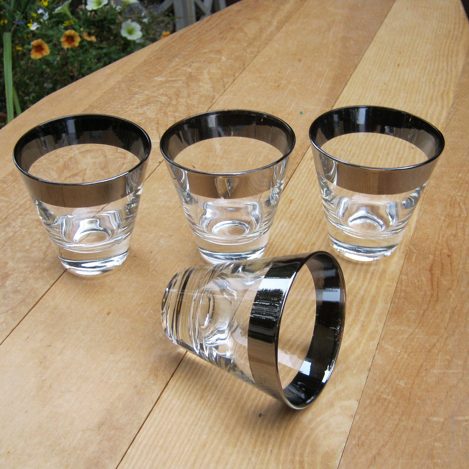 4 Small Silver Rimmed Shot Glasses Mad Men Style Vintage